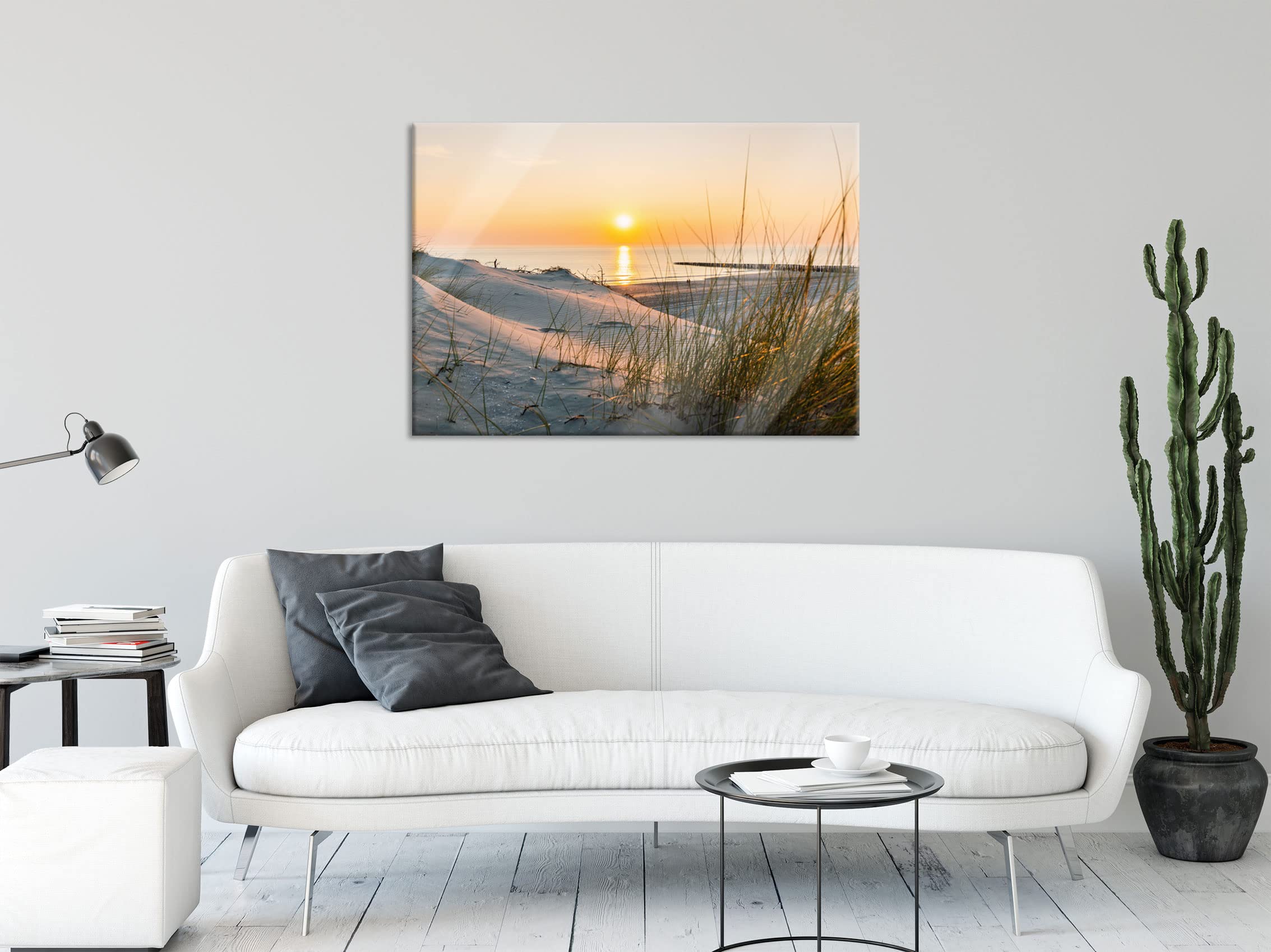 Pixxprint Glasbild, Wandbild aus Echtglas, Dünenblick auf Meer bei Sonnenuntergang, 80x60 cm, inkl. Aufhängung und Abstandshalter