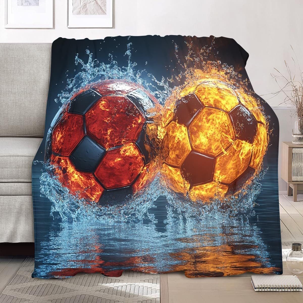 Koc termiczny XXL 180 x 220 cm Sport Płomienie Wodne Spraye Piłka nożna Polar Flanelowy Super miękki i miękki ciemnoniebieski koc polarowy do dekoracji sofy i łóżka