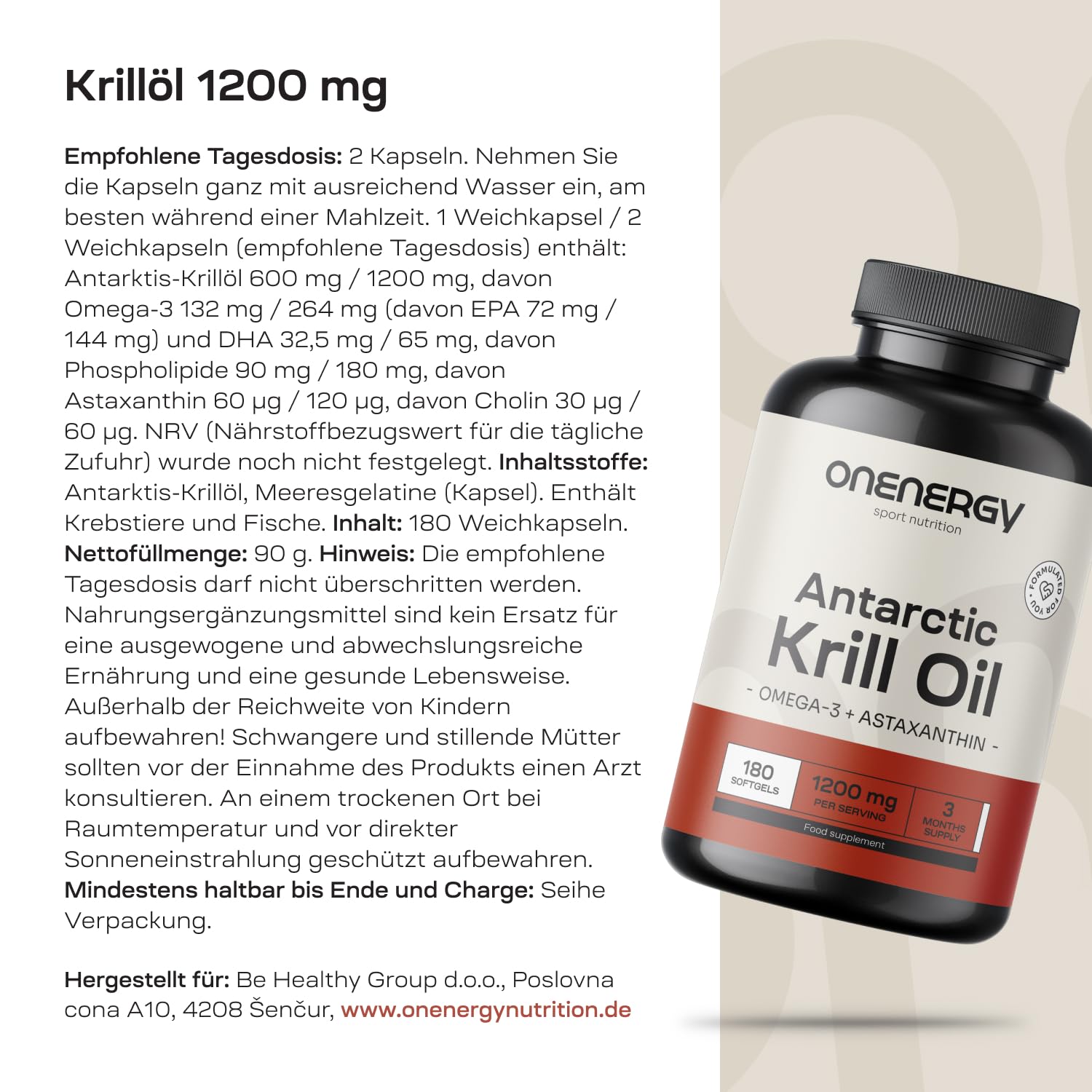Krillöl 1200 mg – Omega-3, Cholin und Astaxanthin – 180 Kapseln – Öl aus antarktischem Krill – Unterstützung für Herz und Leber – Hilfe beim Fettstoffwechsel – Frei von Gluten und Laktose