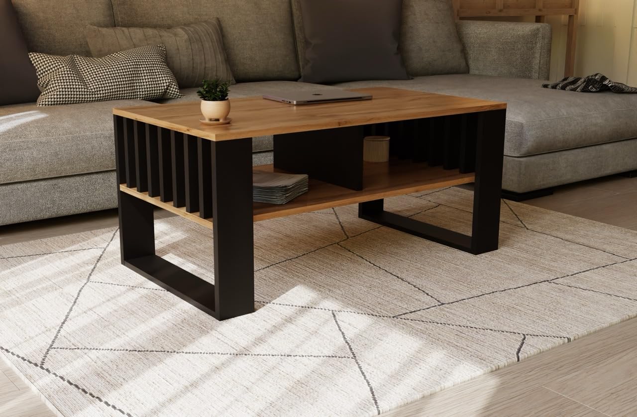 Meble Pitus - Mesa de Centro Moderna, con Espacio de Almacenamiento, 90 x 50 x 50 cm - Decoración Hogar - con Doble Estante Abierto - Muebles con Elementos laminares - Roble Eterno