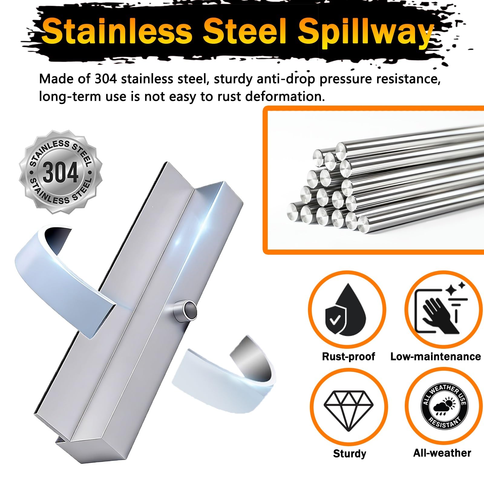 Detive Commercial Waterfall Spillway 114,3 cm – Attrezzatura per stagno per fontane e patio – perfetto per acque da 30/40/61/91/122/122/14/14/14/124/13,4 cm (argento)