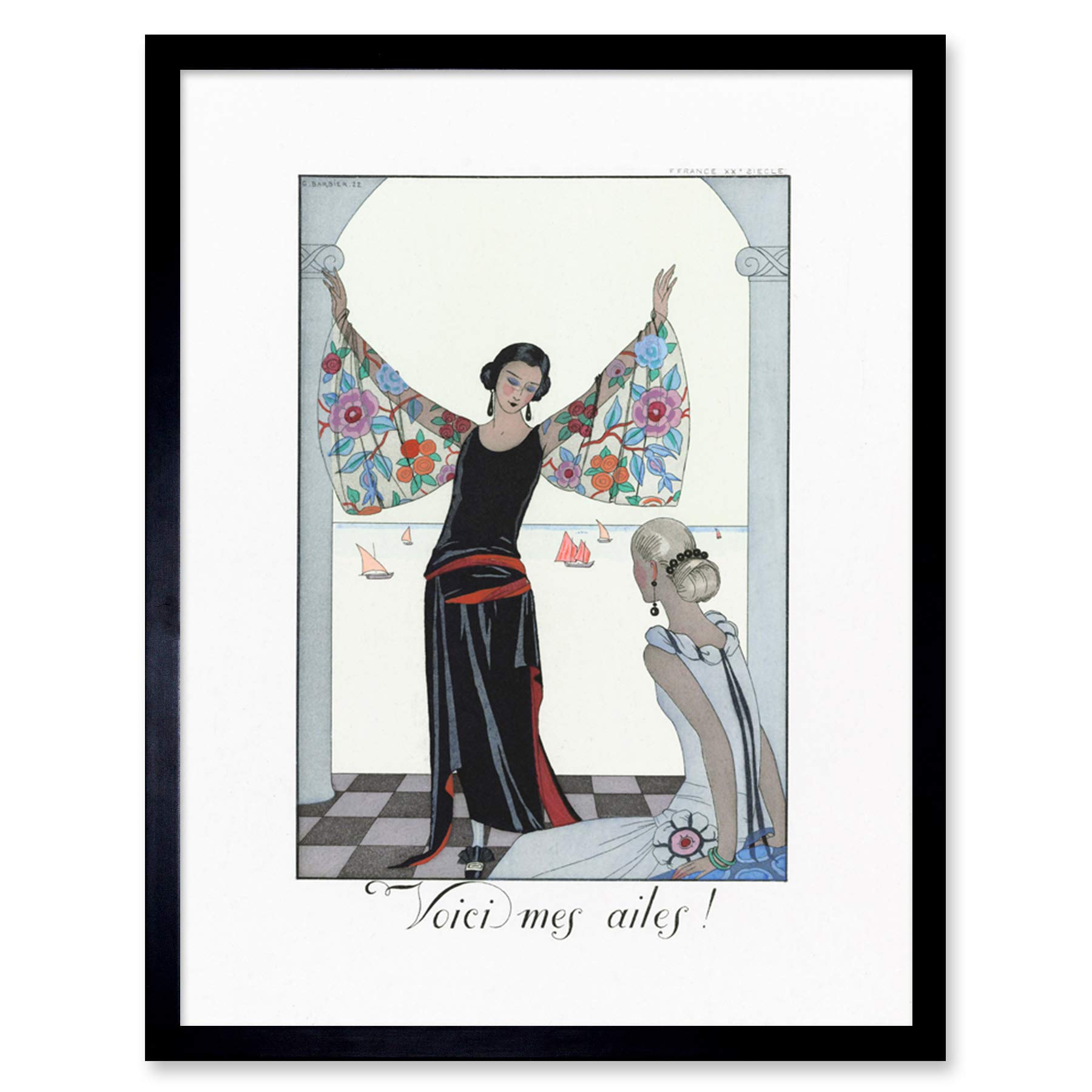 Wee Blue Coo Barbier Wings Dress French Fashion Art Print Framed Poster Wall Decor 12x16 inch