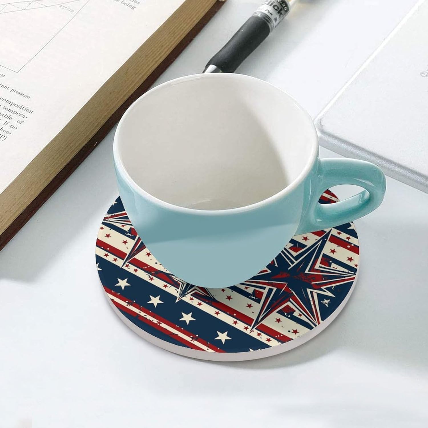 Patriot Star Line Coasters Round Coasters Set Ceramic Stone Coaster with Cork Base Coffee Cup Beverage Cup Mat Cute Funny Table Drinks Coaster for Mugs and Cups Office Kitchen