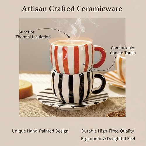 Miniatura 4 de Tazas de café retro grandes de capuchino, 12 oz/12.2 fl oz con rayas blancas y negras, taza de té y platillos, juego de tazas de cerámica para café,
