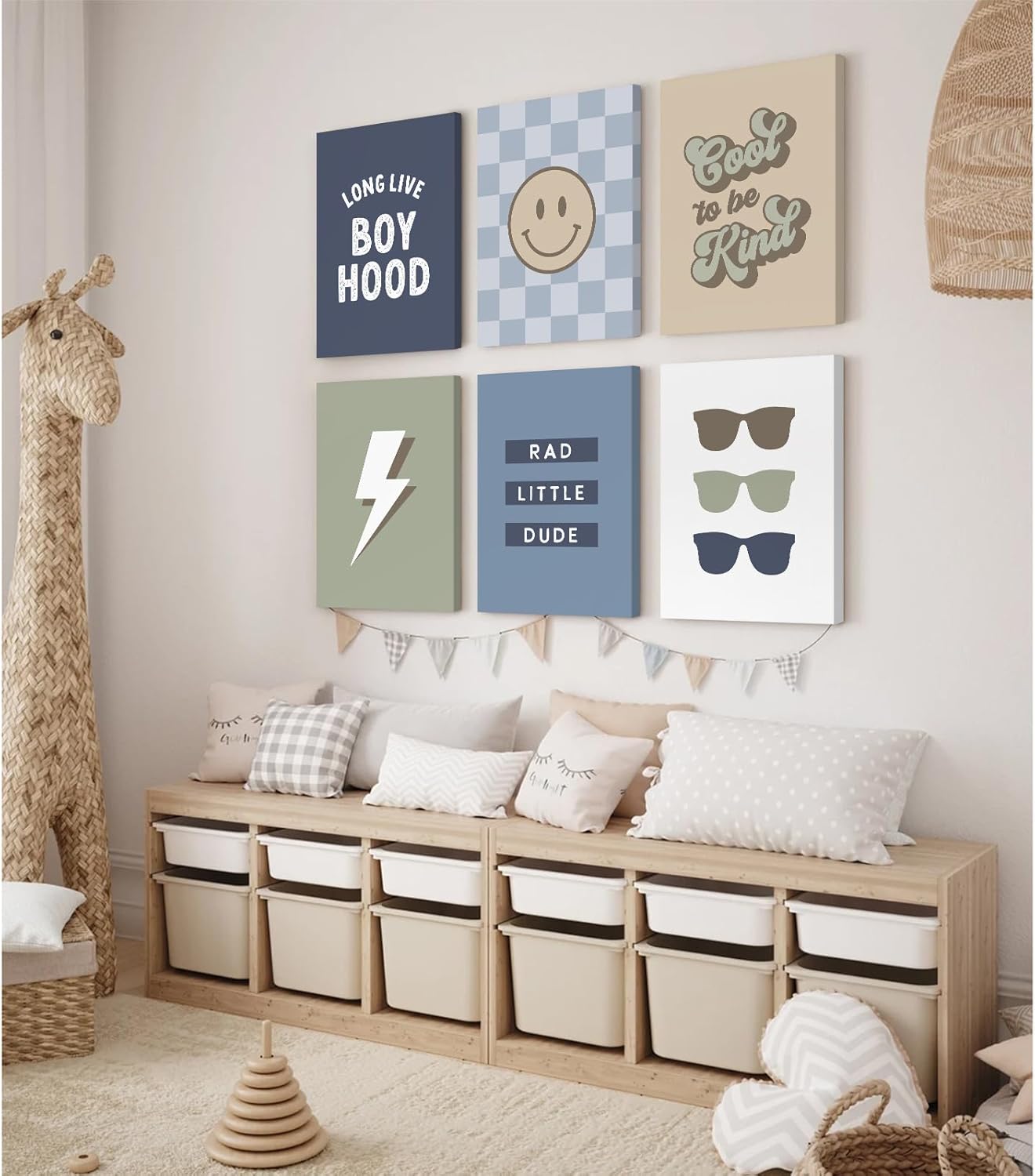 Boy Nursery Wall Art Decor Toddler Baby Boy Room Canvas Pictures Blue Cool Nursery Poster Teen Playroom Prints Long Live Boyhood Artwork for Kids Bedroom 8x10 Inch Wrapped Canvas Set of 6