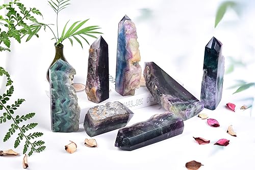 Miniatura 6 de AMOYSTONE Varita de piedra de cristal de fluorita natural, obelisco, losa de torre grande, bloque de varita puntiaguda verde-morado, textura