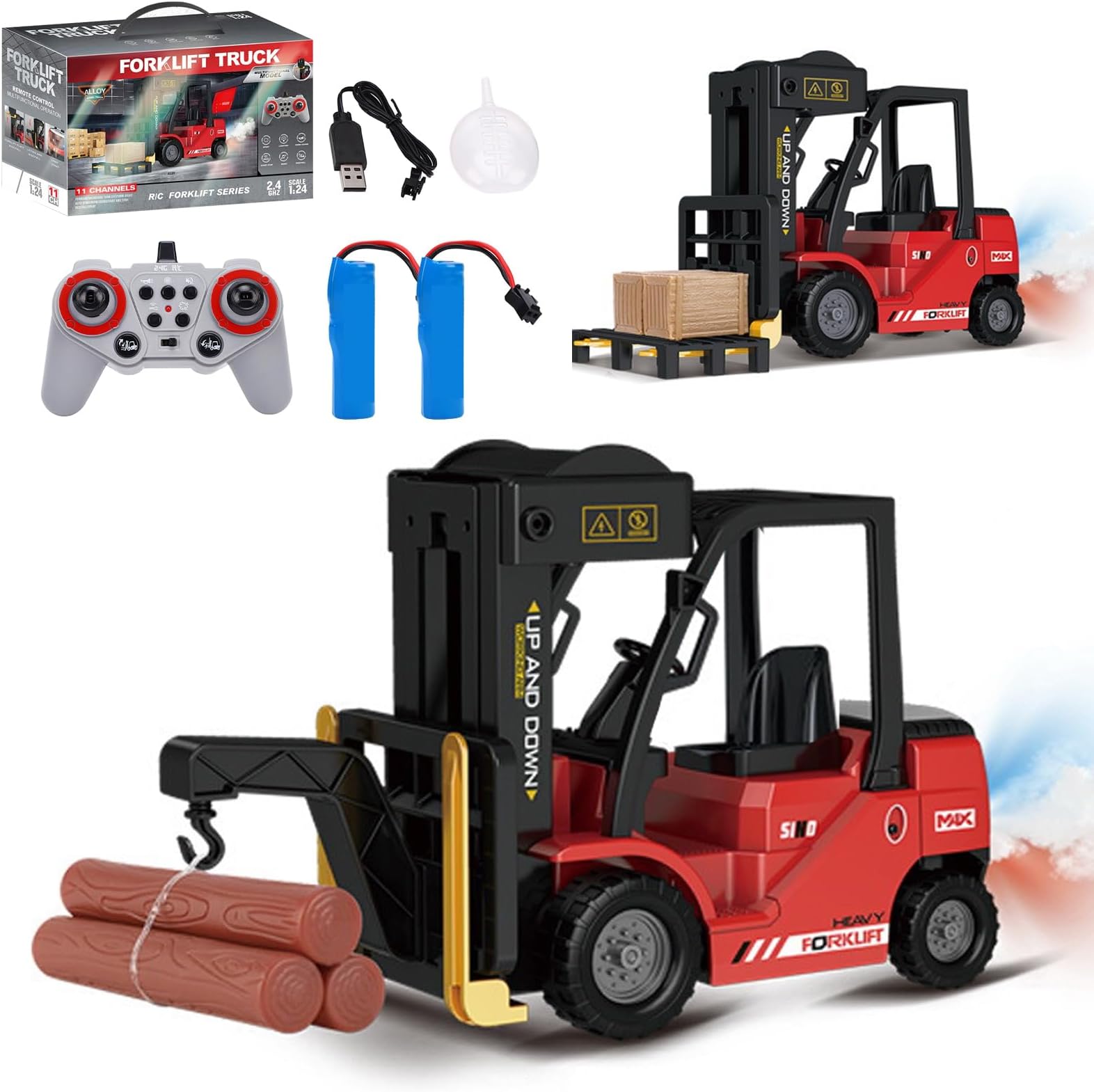 RC Forklift Truck, 1:24 Scale 2 in 1 Transform Lift Fork & Hook, Teen Forklift Toy, 11 Channel Remote Control Forklift for Adults with Spray Light RC Construction Vehicles Toy