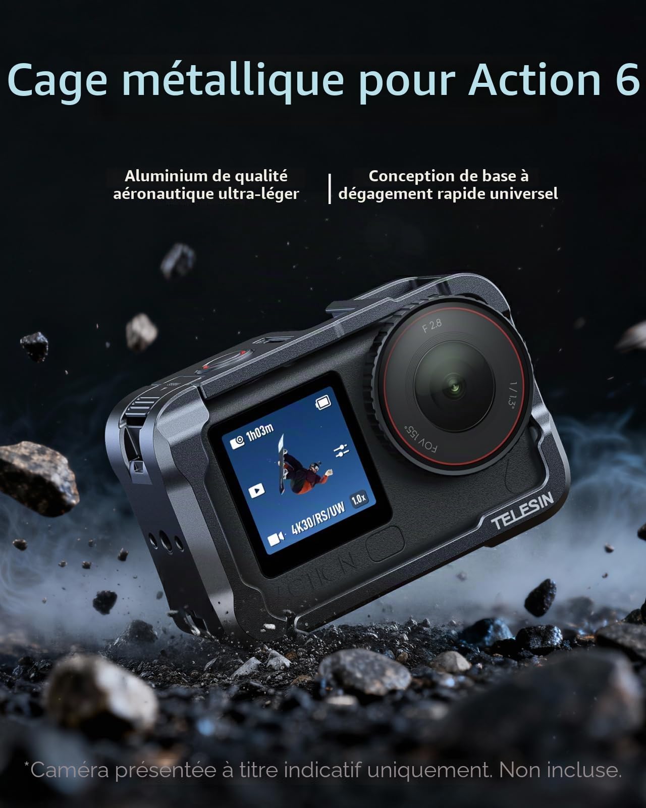 TELESIN Étui de protection en alliage d'aluminium pour DJI Osmo Action 6 avec lumière LED magnétique, boîtier en métal à dégagement rapide de type cage de lapin, vis 1/4" et sabot Cold Shoe, pour vlog