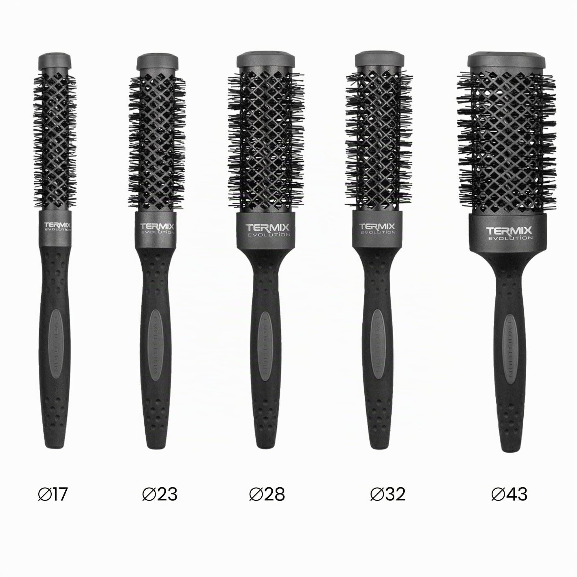 Termix Evolution Plus. Professionelle, thermische Rundhaarbürste mit Keramikrohr für den Friseursalon. Speziell für dickes und hartes Haar. Afroamerikanisches Haar. Set mit 5 Bürsten Schwarz, Grau