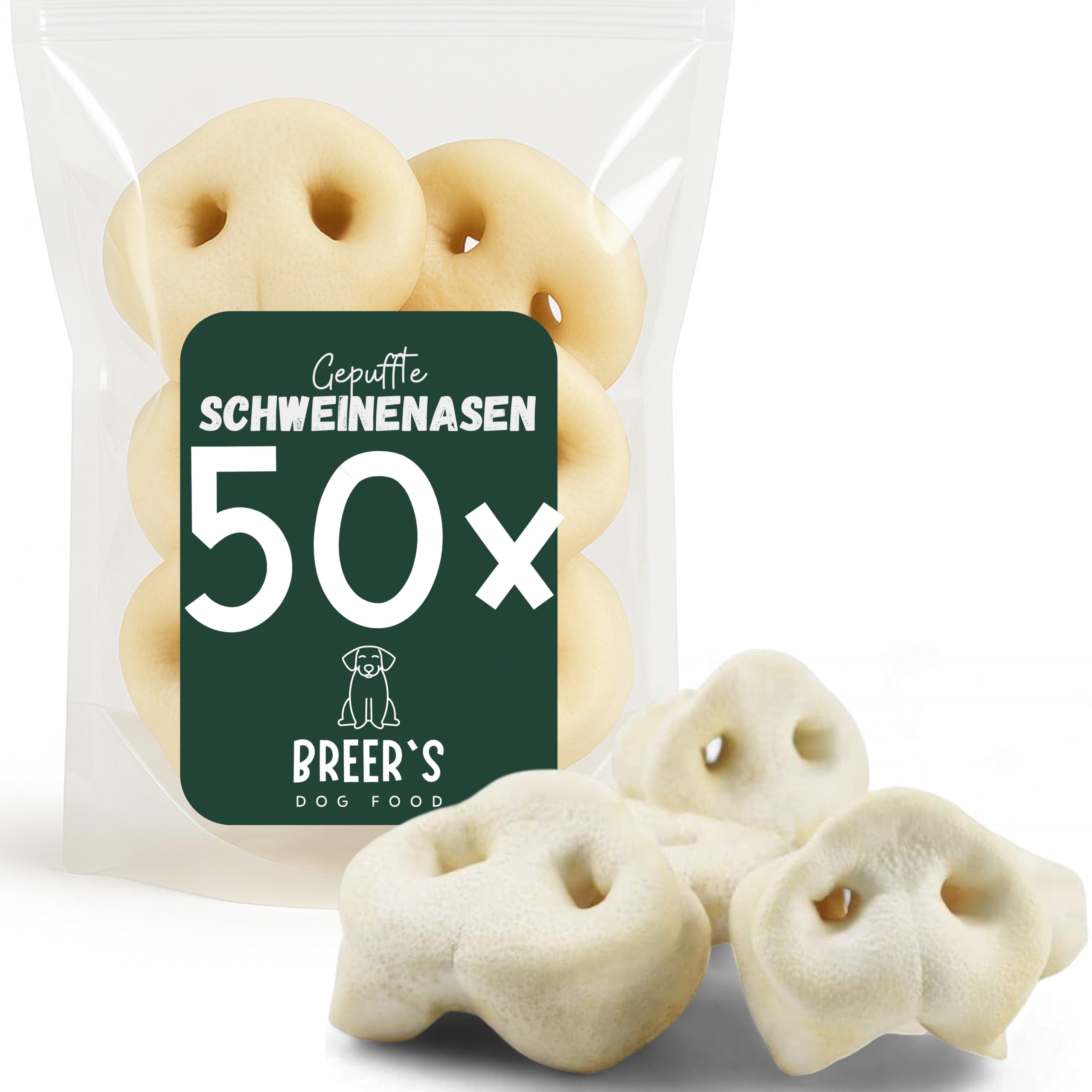 BREERs Gepuffte Schweinenasen für Hunde 50 Stück Naturkau-Snack oder Leckerli, Kauartikel für Groß & Klein, Kauartikel aus Schwein, Hundeleckerli getreidefrei, Kausnack, Leckerli Hund