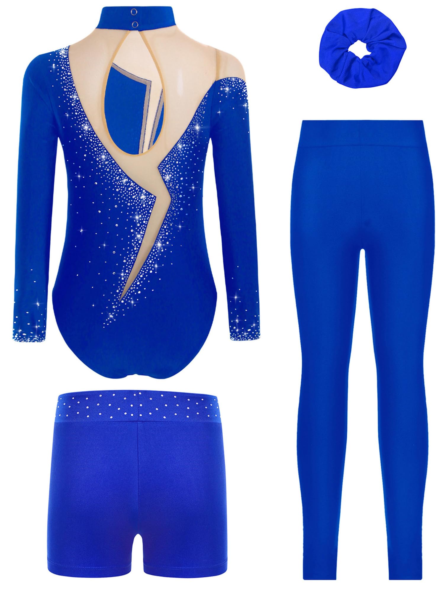 TiaoBug Maillot De Baile Gimnasia Para Niña Leotardo Manga Larga Y Leggings Cortos Elásticos + Banda Para El Cabello Mono Deportivo Elástico
