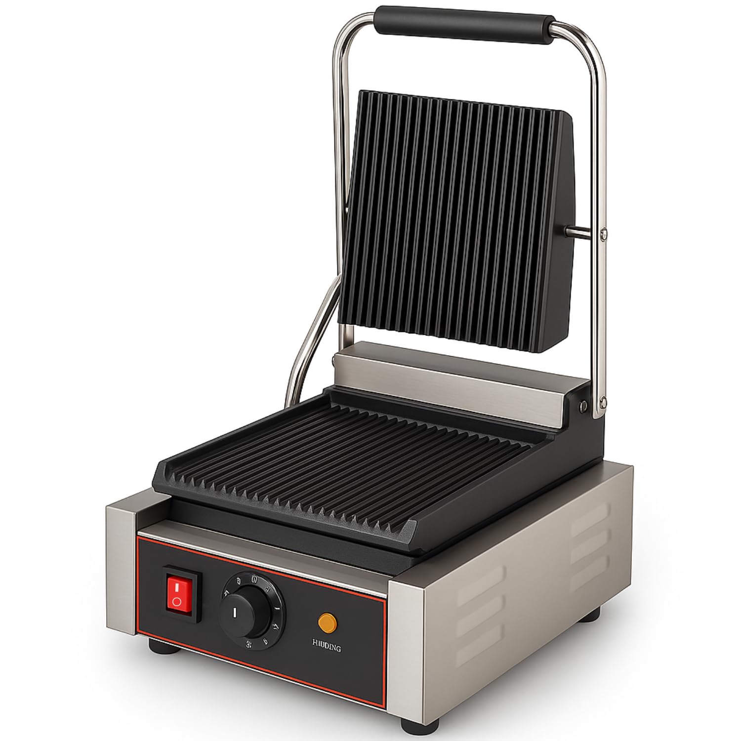 Grill Panini Elettrico Professionale 1800W - Piastre Ghisa Scanalate - Temperatura Regolabile fino a 300°C - Vassoio Grasso Inox - Struttura Acciaio Inox - Piastre 230x220mm - 230V