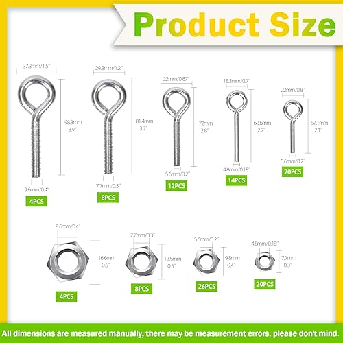 Miniatura 2 de Keadic 58 piezas de 6 tamaños de tornillo de ojo con tuerca surtido M5 M6 M8 M10 acero al carbono de grado marino chapado en zinc anillo de
