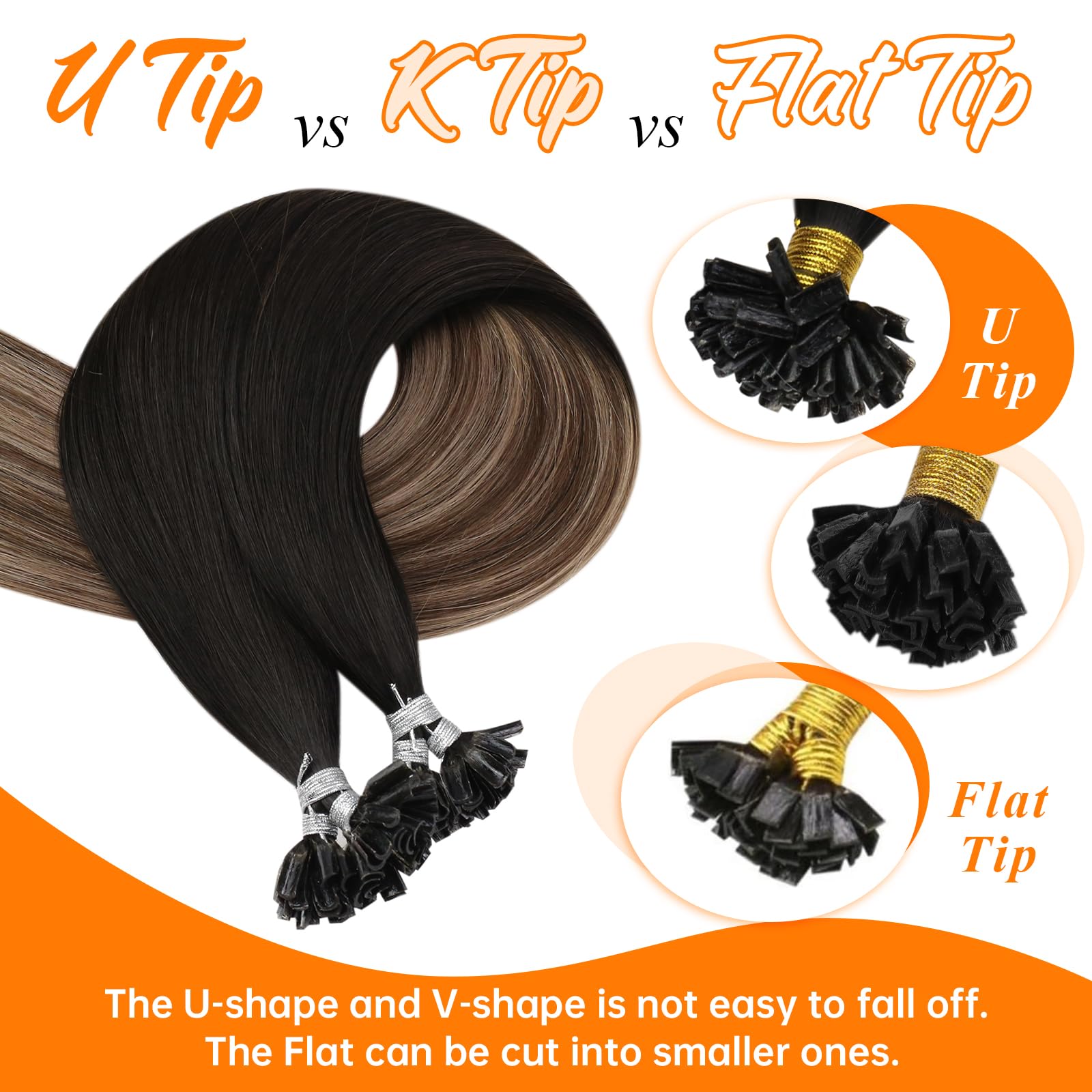 Sunny U/Nail Tip Przedłużanie Włosów Keratyna Natural Black #1B do Ciemnego Brązu #4 z Blond Ciemny Popiół #18 Przedłużanie Keratyna Włosy 18Cal/45cm 50g