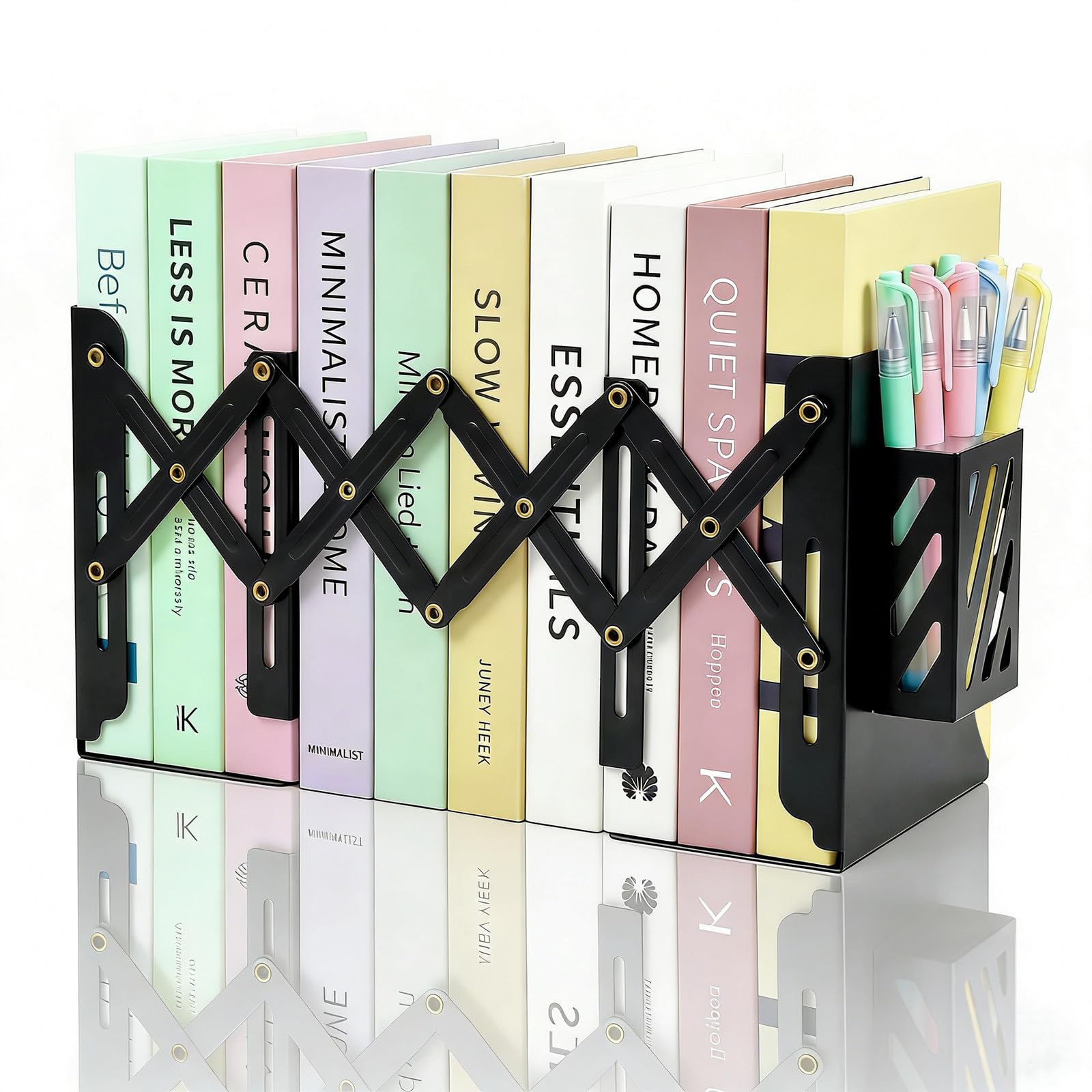 Elezeal Expandable Metal Bookends, Heavy Duty Iron Desktop Book Stand with Detachable Pen Holder, Adjustable Book Organiser for Books, Files, Magazines, Office & Home Supplies,Black