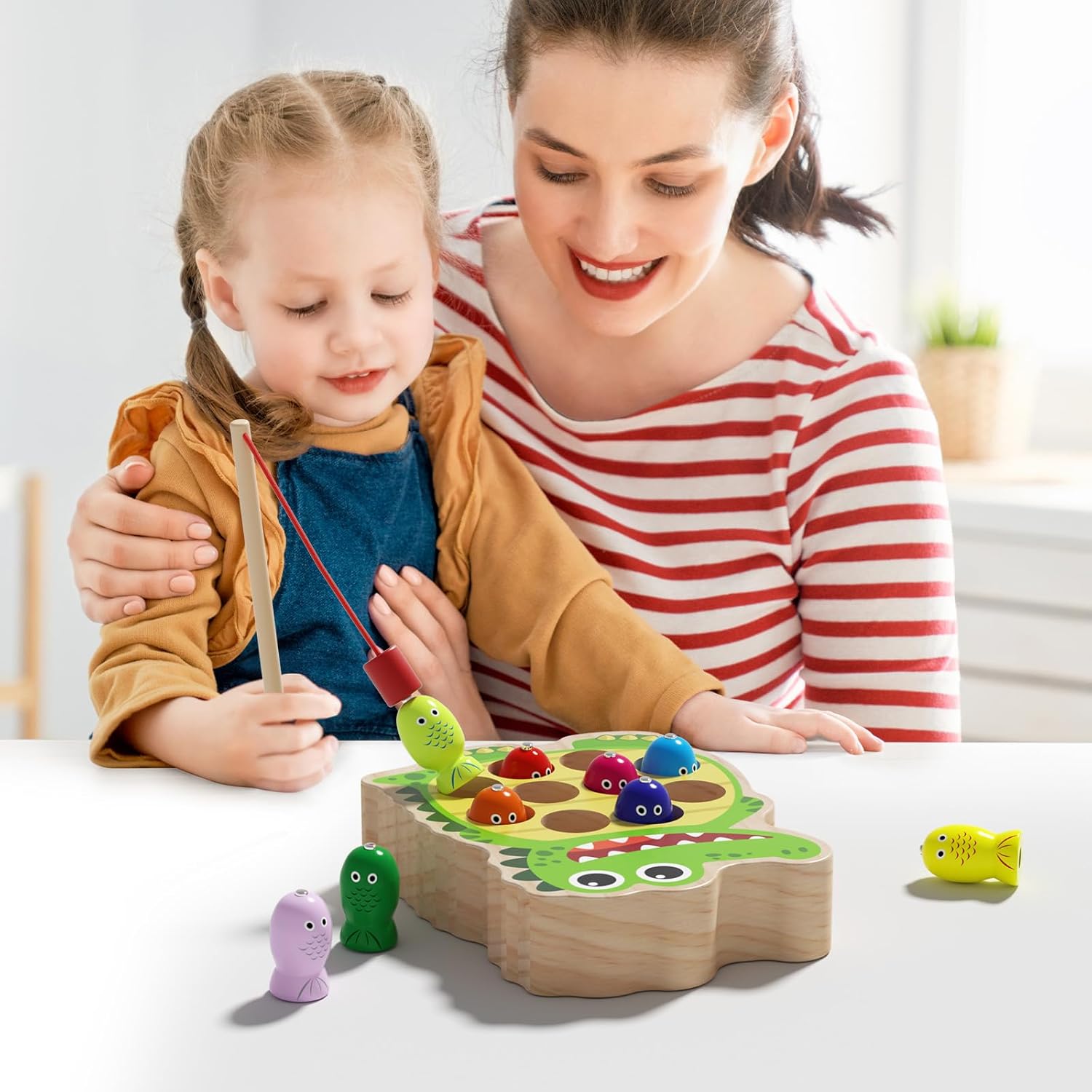 Magnetic Wooden Fishing Toy for Toddlers 2-4, Crocodile Montessori Toys for 2 3 4 Year Old, Fine Motor Skills Early Educational Learning Toy for Kids Boys Girls (Crocodile)