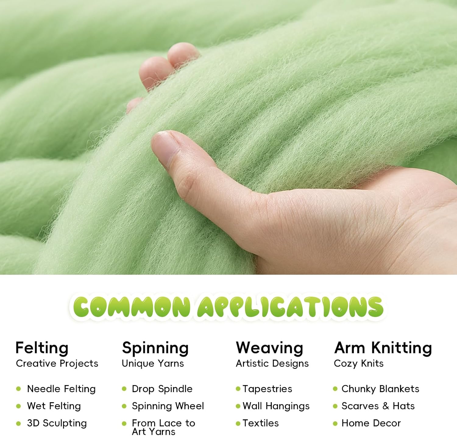 3.53oz(100g) Wool Roving: Needle Felting Wool White Roving Wool Felting Supplies Pure Wools Chunky Yarn Spinning Wool Roving for Needle Felting Wet DIY Hand Spinning(Fresh Green)