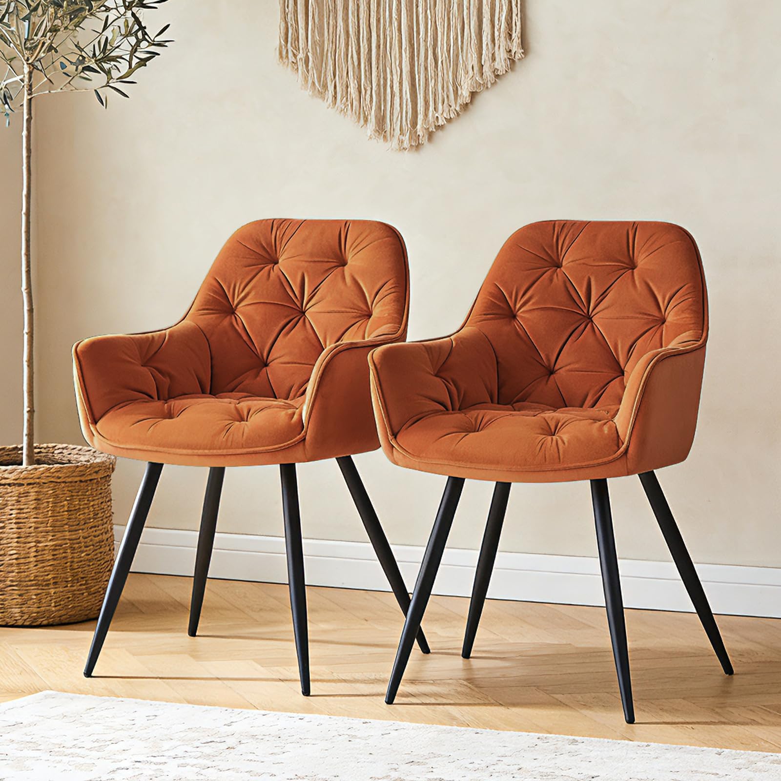 ZOONFA Upholstered Velvet Dining Chairs Set of 2 Kitchen Chairs with Think Padded High Back Armchairs with Black Metal Legs Accent Chair for Lounge Living Room (Orange)
