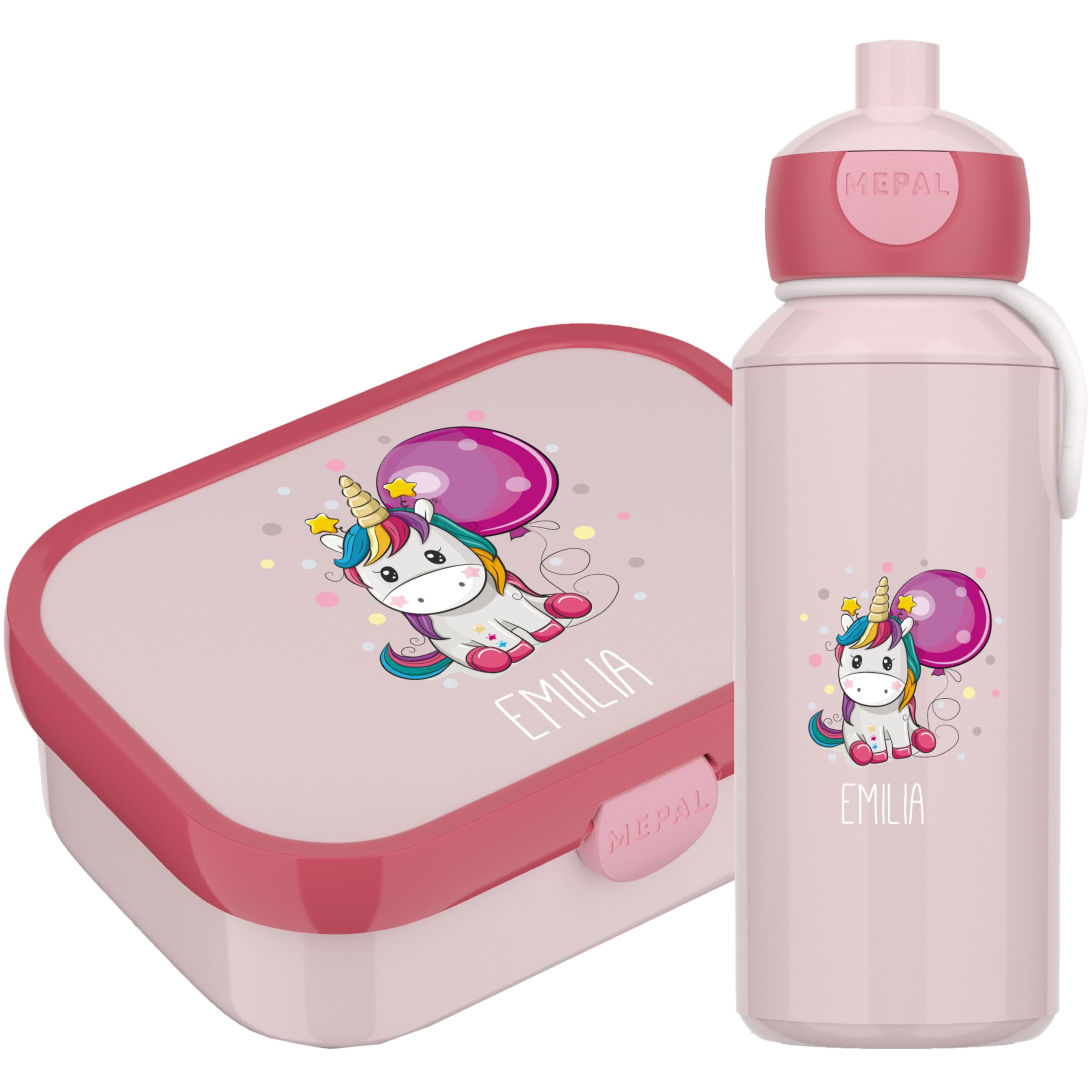 4youDesign Set: pinke Brotdose und Trinkflasche für Kinder -EINHORN- personalisiert mit Namen – inkl. Bento Box, Gabel & Pop-Up Flasche, Einschulung, Schule (Cool Pink)