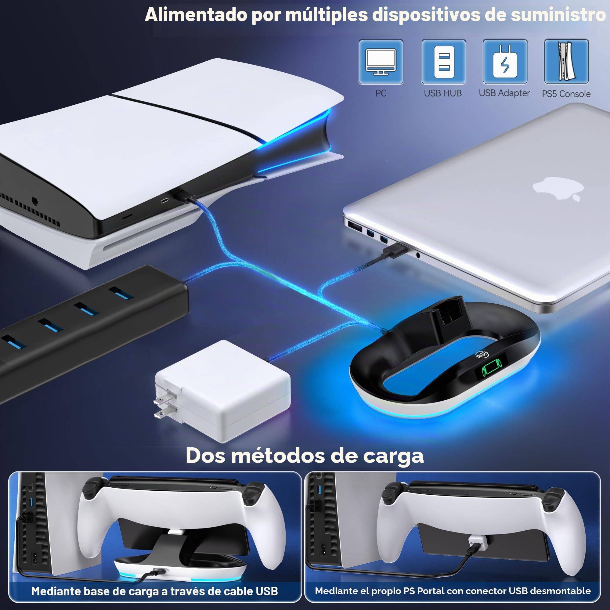 Soporte de carga para reproductor remoto PS Portal, PS- Base de carga portátil con 9 modos de luz RGB, Portal- Estación de acoplamiento con conector magnético