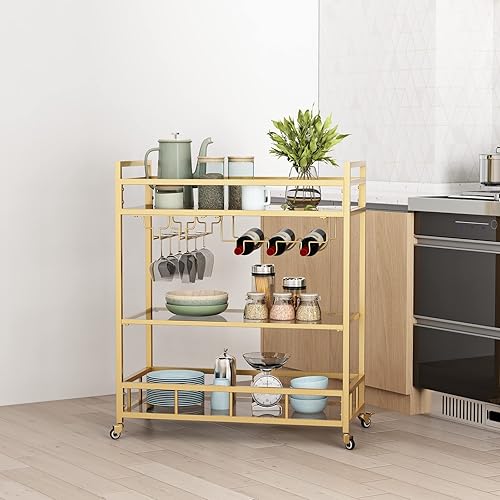 Miniatura 5 de Carrito de bar dorado con almacenamiento de botellas y copa de vino, carrito de bar con ruedas para interiores y exteriores, carrito de bar para
