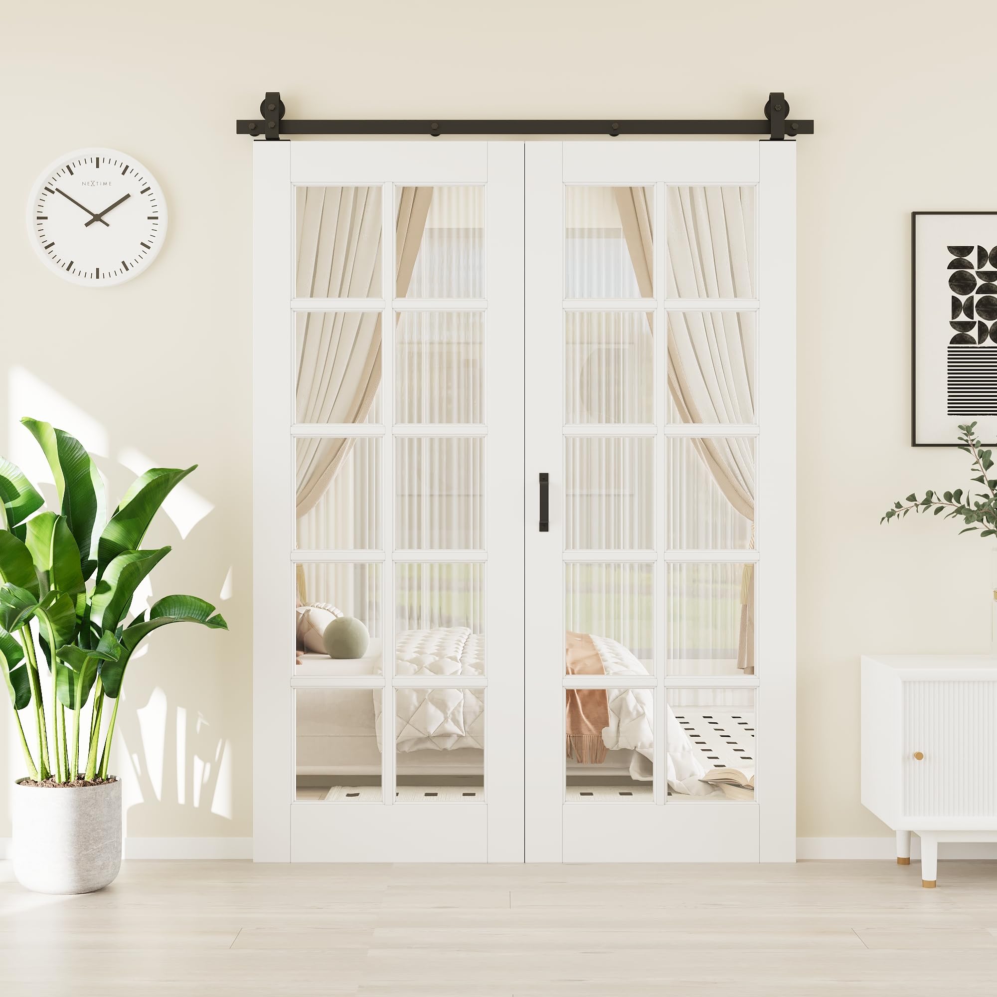 60"(30" x 2) x 80" 10-Lites Tempered Clear Glass Paintable Bifold Barn Door