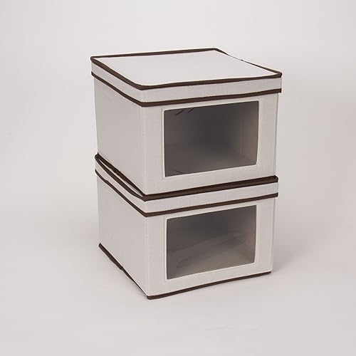 Miniatura 3 de Household Essentials - Juego de cuatro cajas de almacenamiento de zapatos grandes, lona natural con ribete marrón