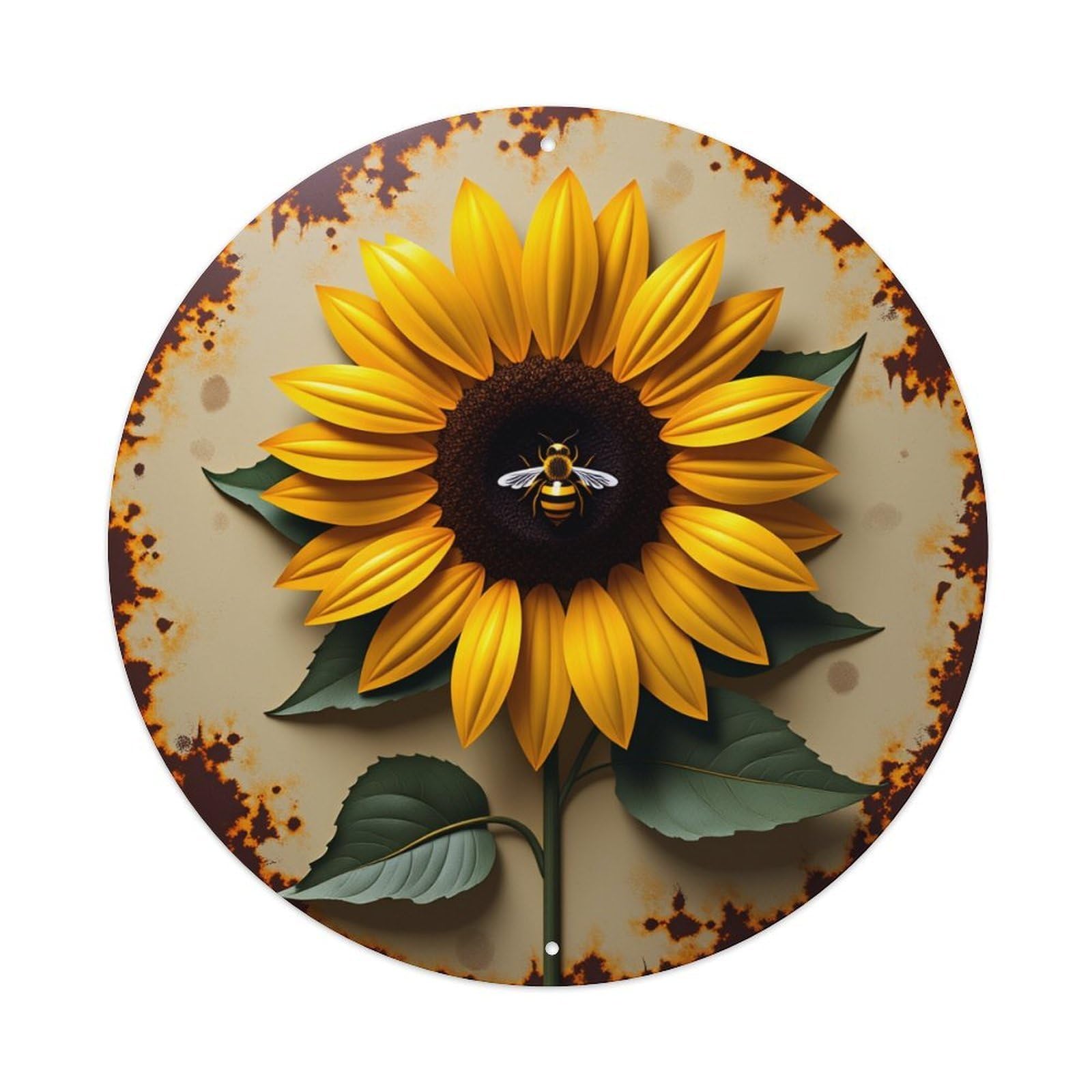 Sunflower Bee Rustic Circle Pattern Print Round Vintage Tin Sign,Retro Wall Art,Metal Poster for Home, Bar, Garage, Cafe, Rustic Indoor & Outdoor Decor, 8x8 Inches