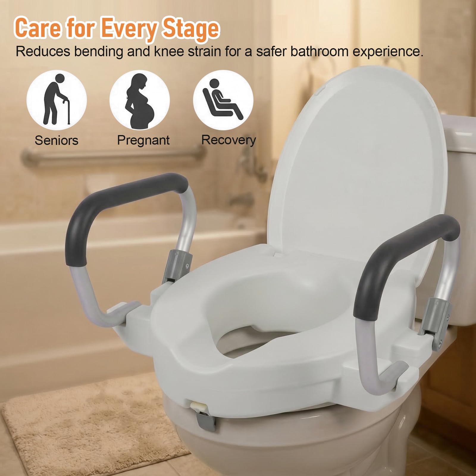 Asiento elevador de inodoro para adultos con reposabrazos y tapa, asiento de inodoro elevado para adultos, asiento de inodoro elevado con tapa, ancho ajustable (10 cm de altura)