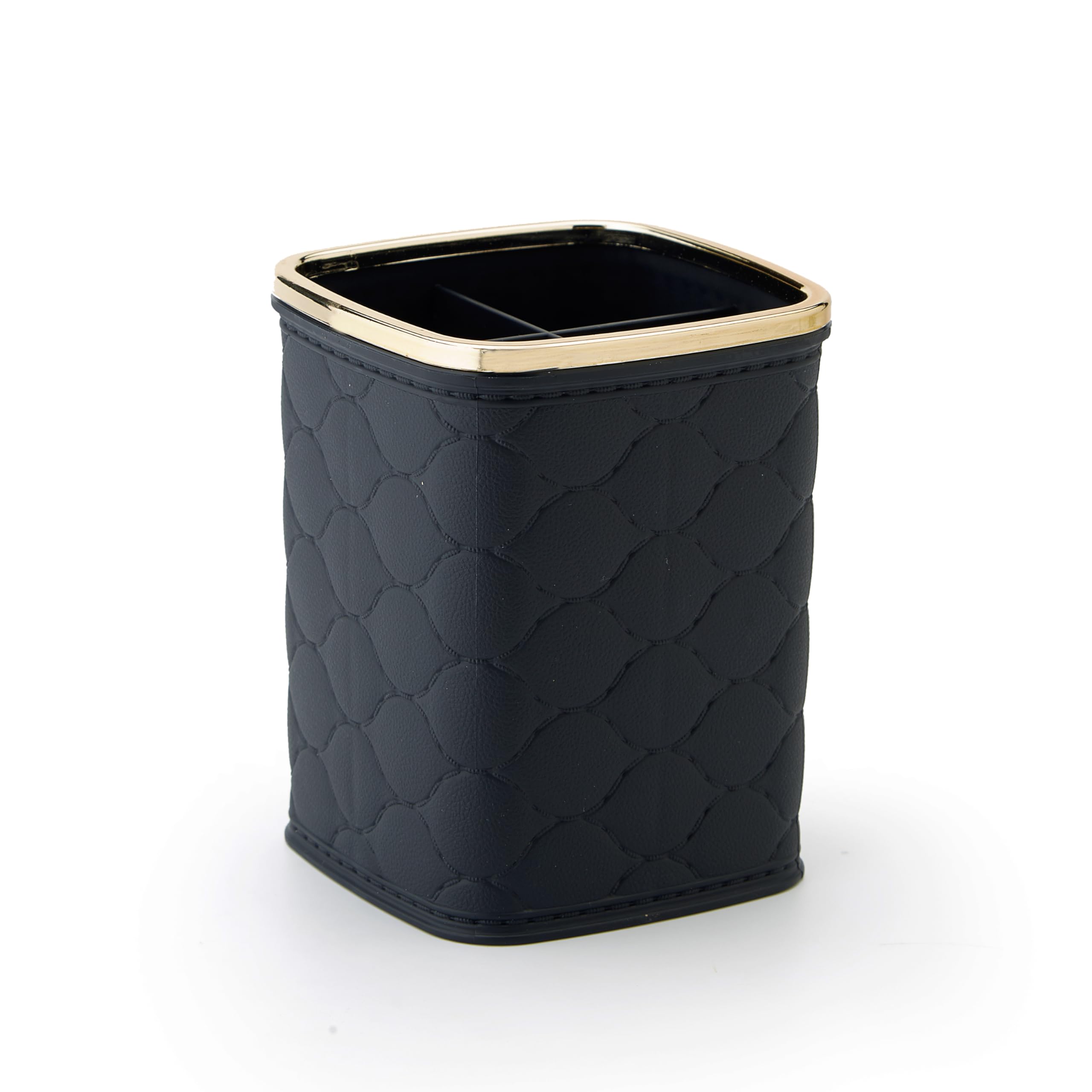Stylish Pen Make Up Brushes Holder stand For Office Home Table Stylish Square Desk Organizer Multipurpose with Golden Top Ring with 4 compartments (Black Colour)