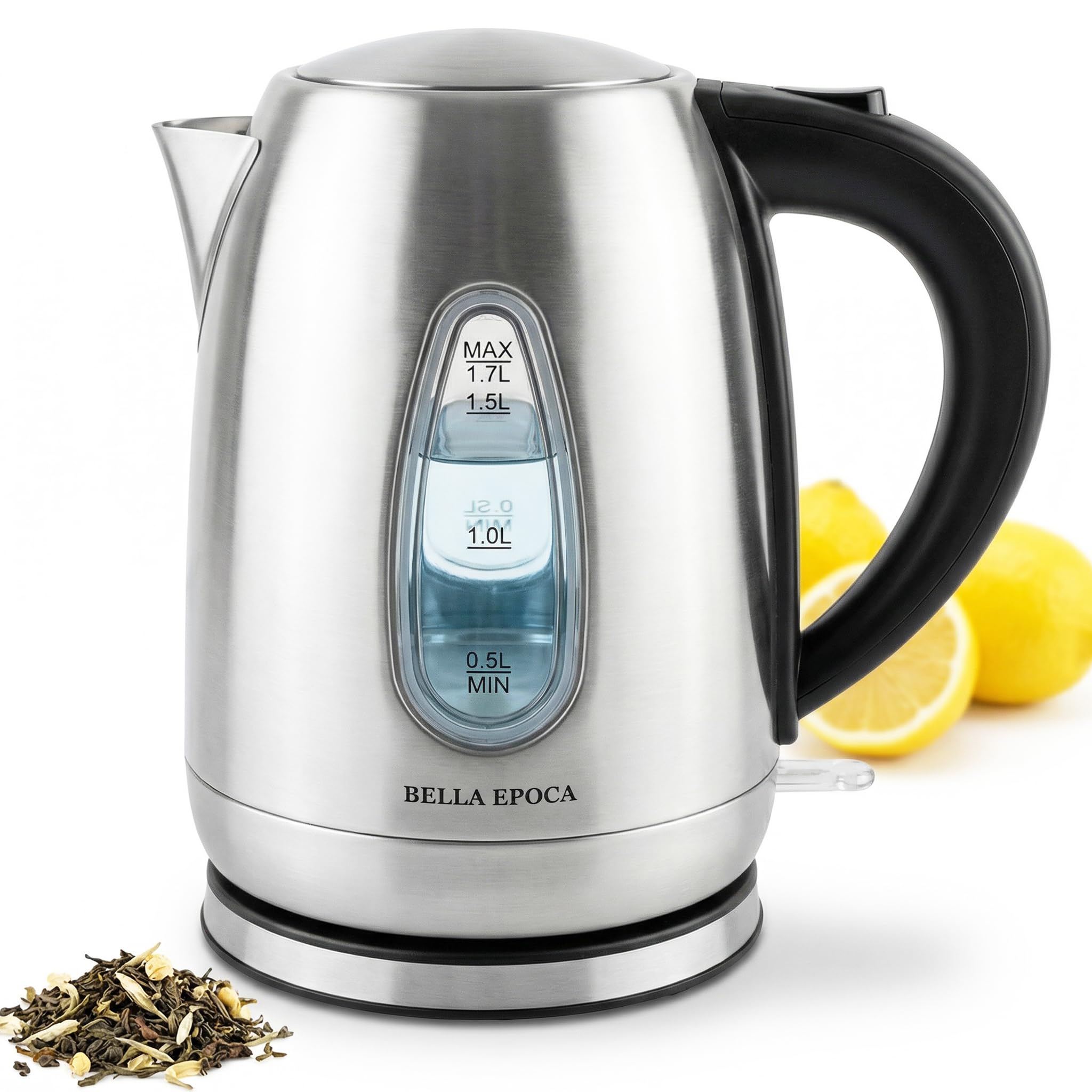 BELLA EPOCA Bollitore Elettrico in Acciaio Inox Spazzolato, 1.7 Litri, 2200W, Bollitore Acqua Rapido e Silenzioso con Doppio Finestrino e Filtro Anticalcare Removibile, Modello Argentum