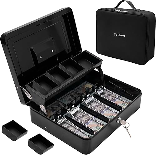 Caja de efectivo con cerradura y 2 llaves, caja de dinero de metal con bandeja para efectivo, cajas de efectivo grandes con bloqueo, caja de