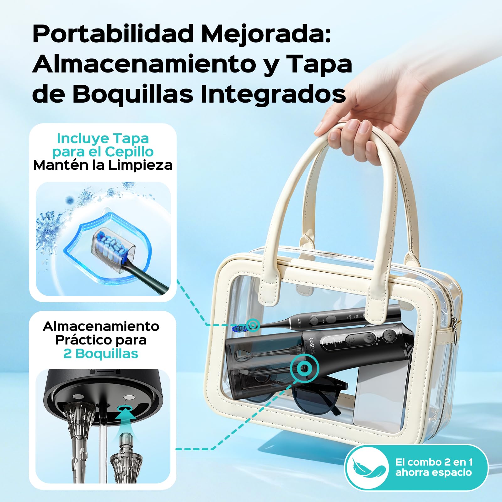 COSLUS C51C30 Cepillo de Dientes Eléctricoo con Irrigador Dental: Kit Limpieza Bucal Portátil para Cepillado y Hilo Dental, Varios Modos para Usuarios, Inalámbrico para Casa y Viajes, Negro y Azul.