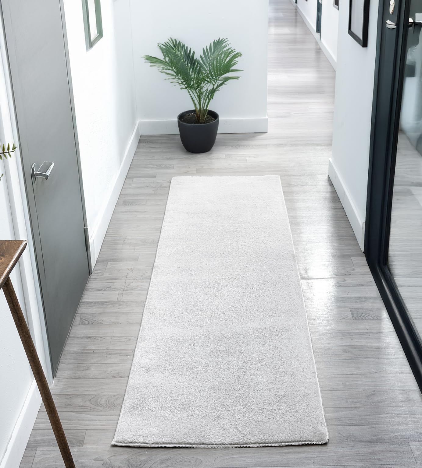 Rugs by Desire Comfy Washable Modern Living Room Rug Polyester Plain Indoor Area Rug with Low Pile - Anti-Slip Felt Backing SuperSoft Carpet Bedroom-Hallway, Silver, 60x200 cm