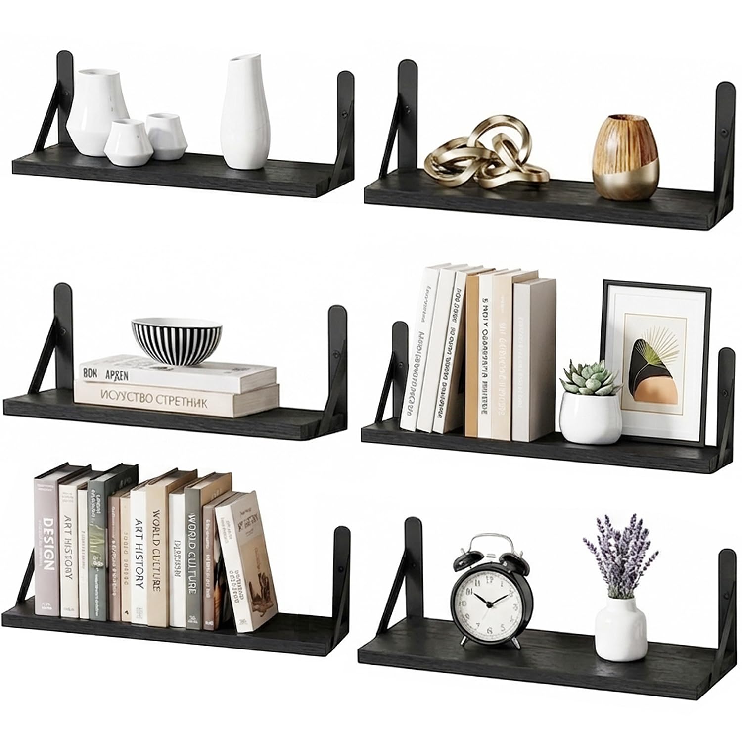 RITOLLO Floating Shelves Set of 6, 43cm Wood Wall Shelves in Light Brown Rustic Wooden Shelving for Bedroom, Living Room, Bathroom, Kitchen & Office Decor (Black)