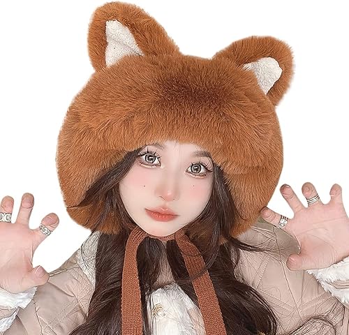 Miniatura 6 de Lindo sombrero de felpa suave y mullido de piel sintética para mujer cubierta para las orejas gorro de punto con orejas de gato sombrero térmico