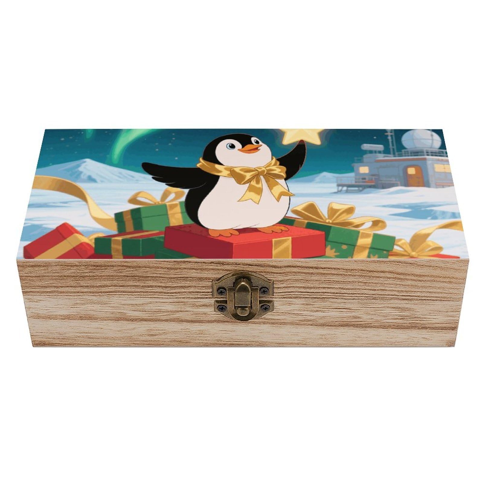 Christmas Small Penguin Wooden Keepsake Box Storage Boxes with Hinged Lid