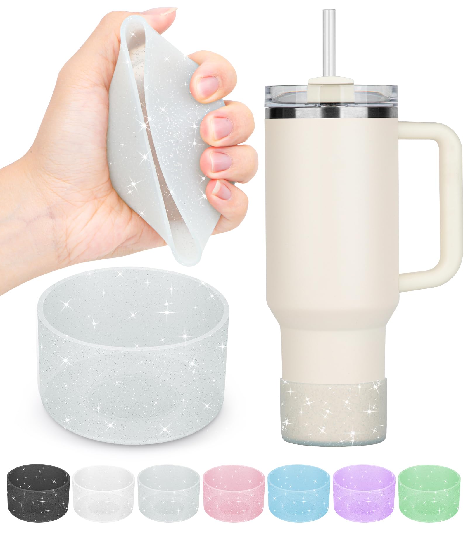 PICcircuit 2PCs for Stanley Cup Silicone Boot Protectors, 20-40oz for Hydro Flask 12-24oz, Glitter Bottom Protectors, Tumbler Accessories. Grey — image 1