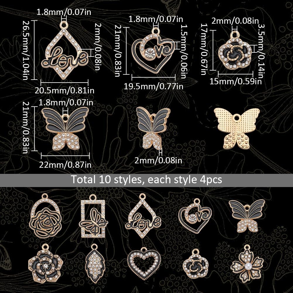 SUNNYCLUE 1 Box 40Pcs 10 Styles Rhinestones Charms Love Charm Bulk Heart Flower Butterfly Leaf Hollow Black Gold Valentines Day Charm for Jewelry Making Charms Supplies DIY Necklace Bracelet Earrings - Image 2