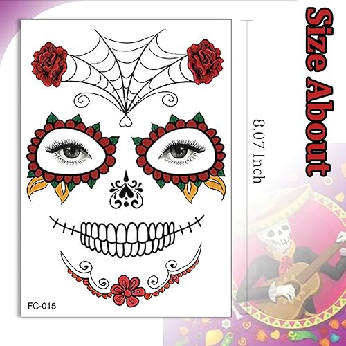 Miniatura 3 de Calcomanías de tatuajes temporales de cara del Día de los Muertos, 9 hojas de calavera de azúcar, rosas rojas, calcomanías de maquillaje de cara