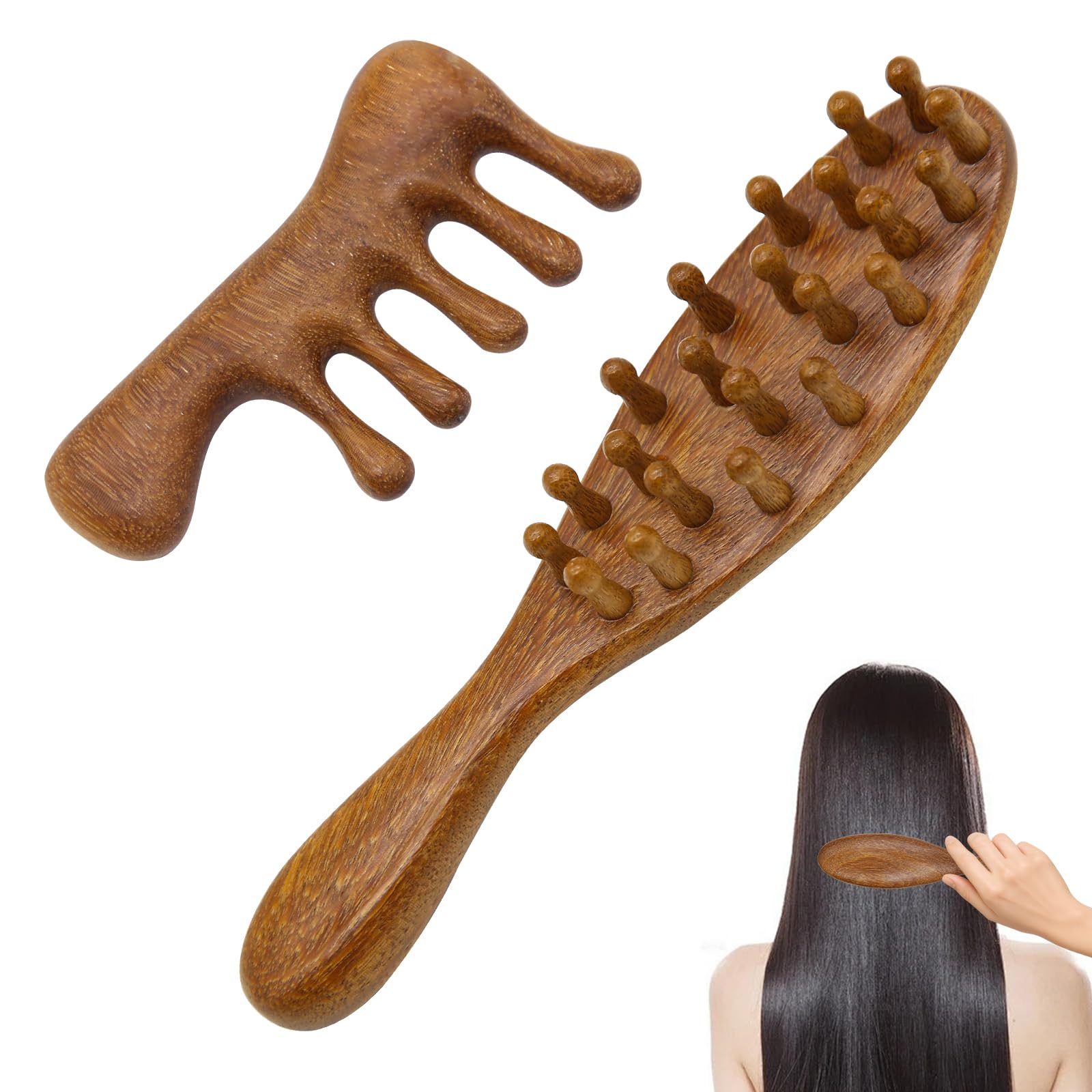 2 peines para rastas, masajeador de cuero cabelludo de madera artesanal - Cepillo natural y herramienta desenredante para rastas y cabello rizado | Set portátil para masaje, Gua Sha y cuidado facial