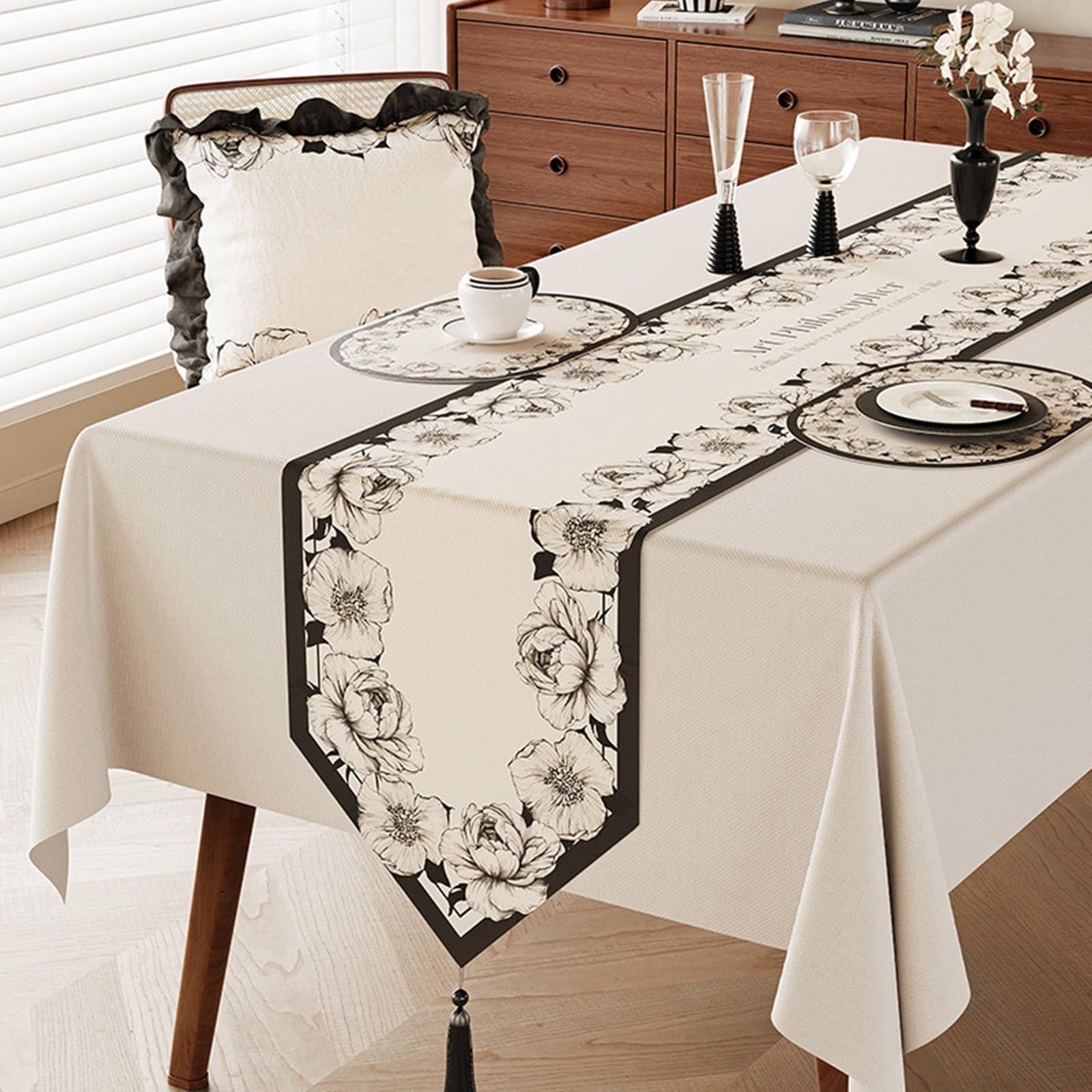 Chemin de Table Mariage 30x240cm, Chemin de Table Champetre Effet Lin À Motif Floral Vintage