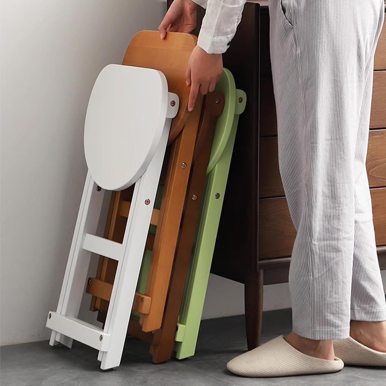 24in Portable Folding Stool for Breakfast, Backless Wooden Foldable Kitchen Chair with Footrest, Height Adults (Color : Blue 2) (Blue 2 One Size)