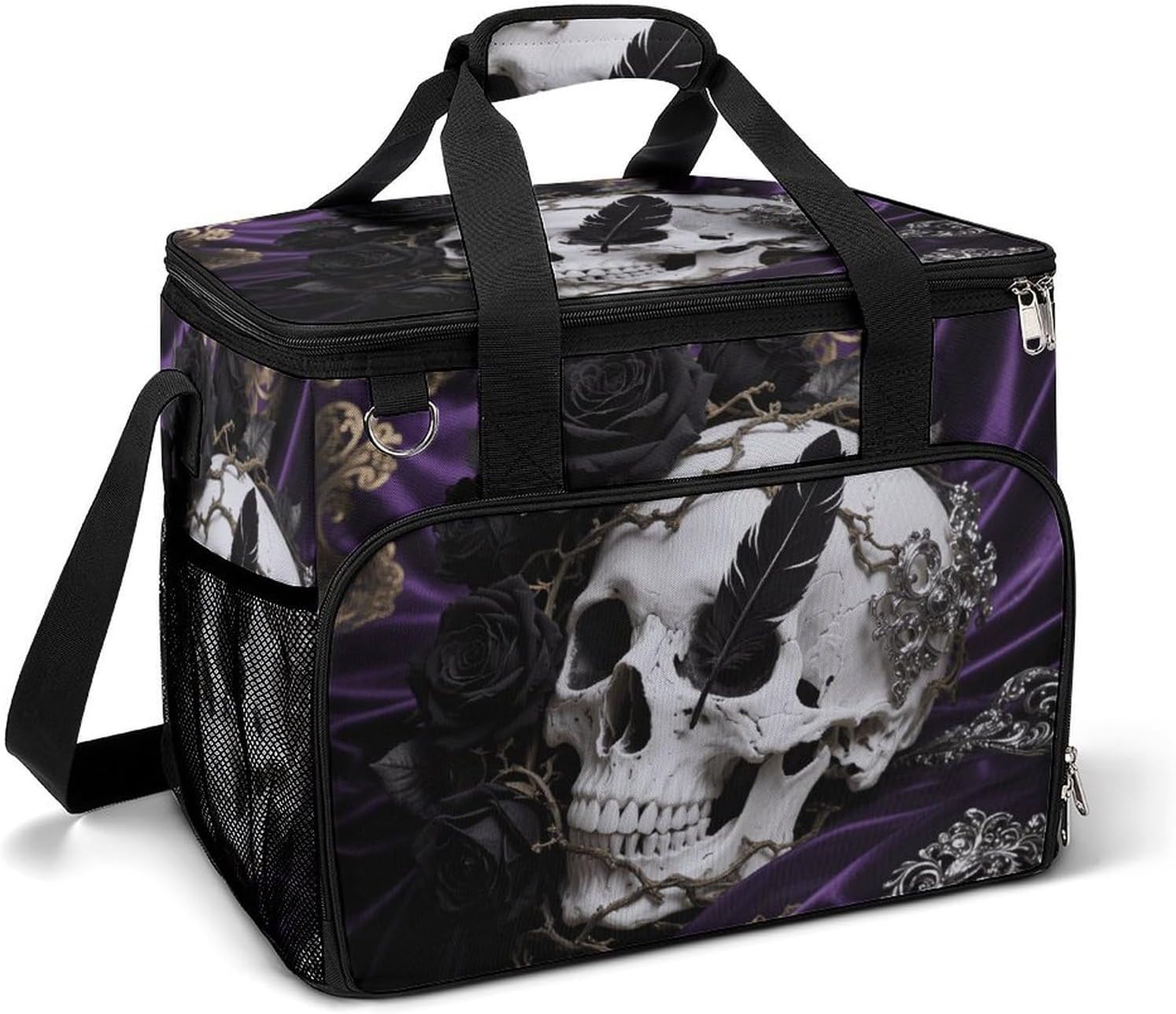 Insulated Picnic Backpack Tote Bag, Large Capacity 30L Black Floral Skull Cooler Bag Leakproof Beach Bags Portable Lunch Box Waterproof Picnic Basket for Beach Camping BBQ