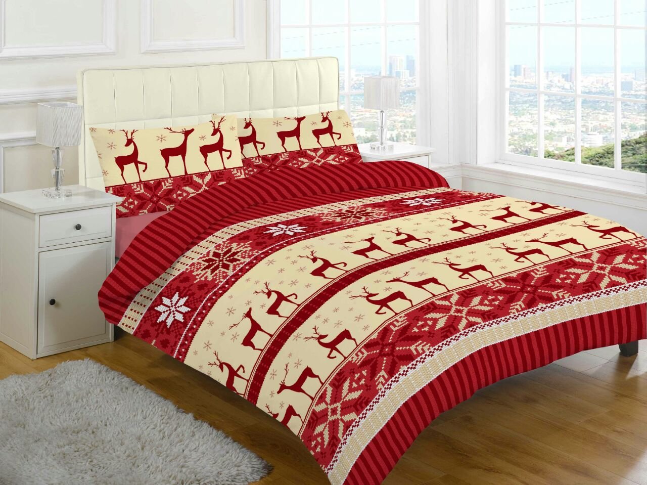 Goldstar Nora Red Christmas Stag Goldstar® Flannelette Brushed Cotton Sheet Set Include Fitted Sheet, Flat Sheet & Pillow Case (Single, )