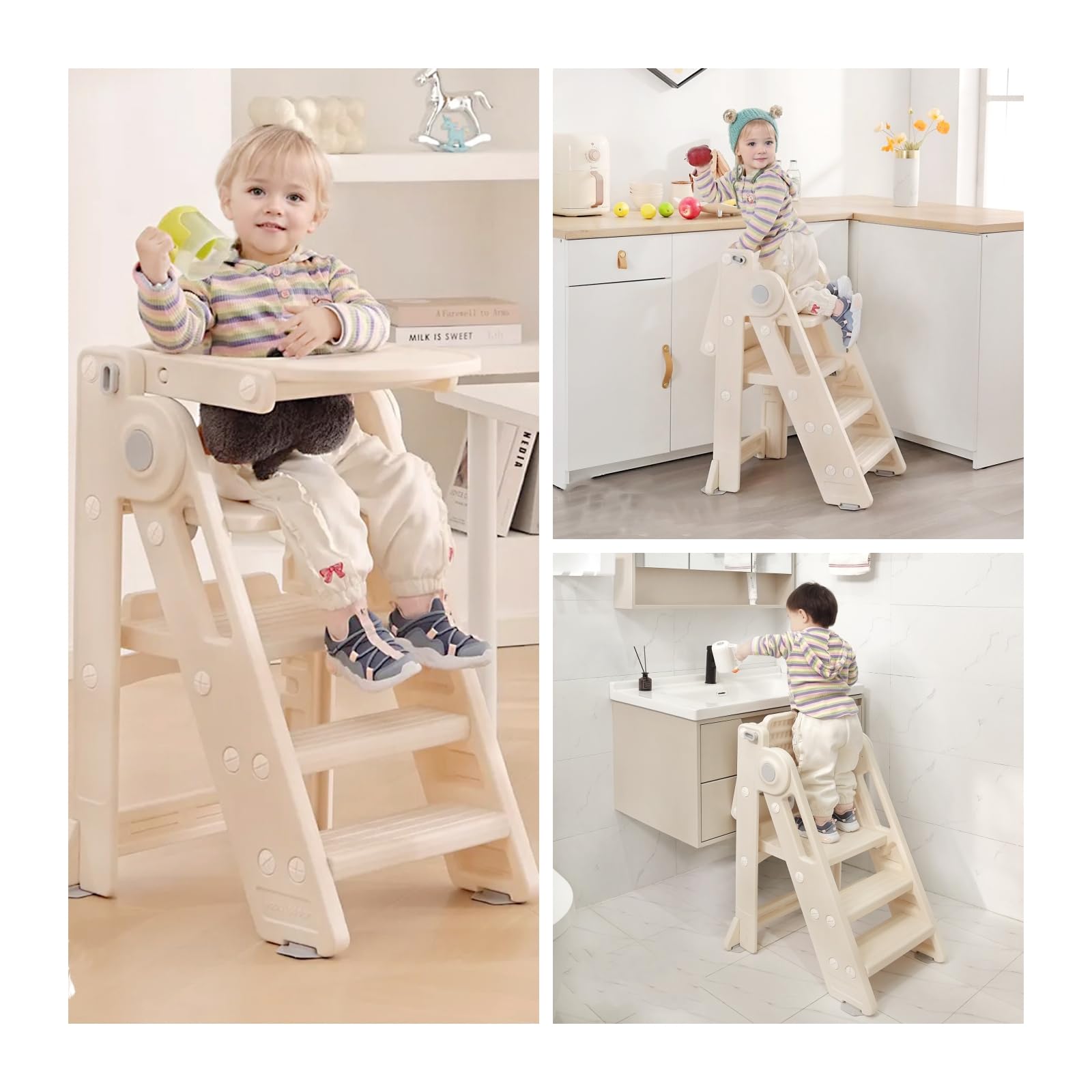 Tiita Toddler Step Stool - Foldable & Adjustable Height Kids Ladder for Bathroom & Kitchen - Safe Non-Slip Design with Handles for Toddler Sink and Counter Use - Beige