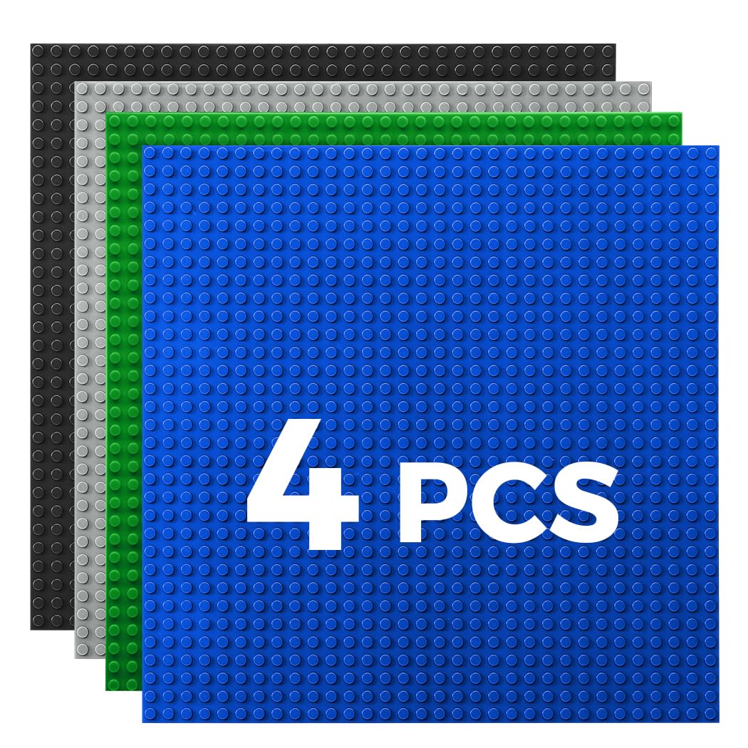 Classic Baseplates Building Plates-10" x 10" Building Boards,100% Compatible with All Major Brands and Activity Table, Creative Platforms Mats for Toy Bricks (Green Blue Gray Black, 4 Pack)