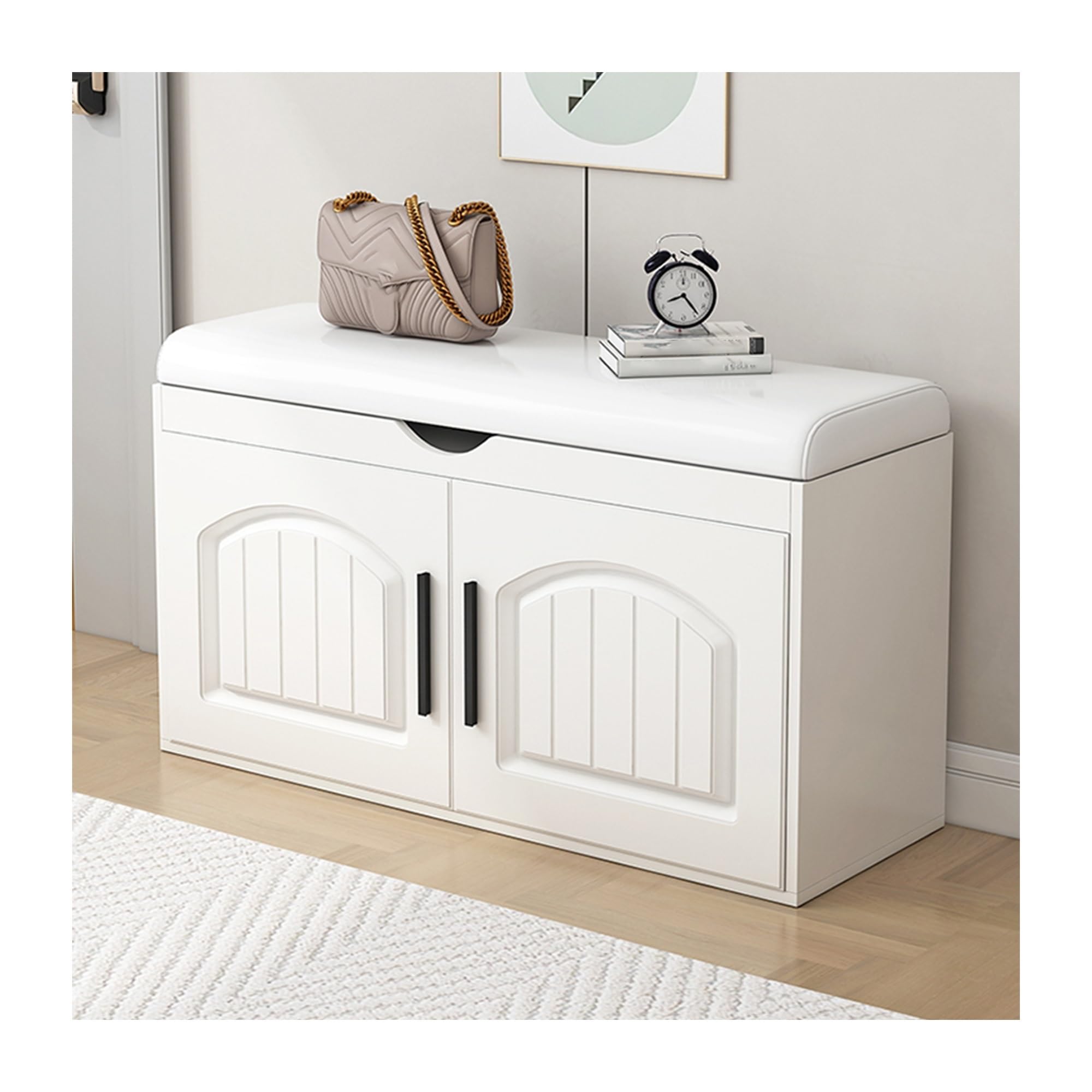 Banc de rangement à chaussures en bois avec coussin rembourré et 2 portes