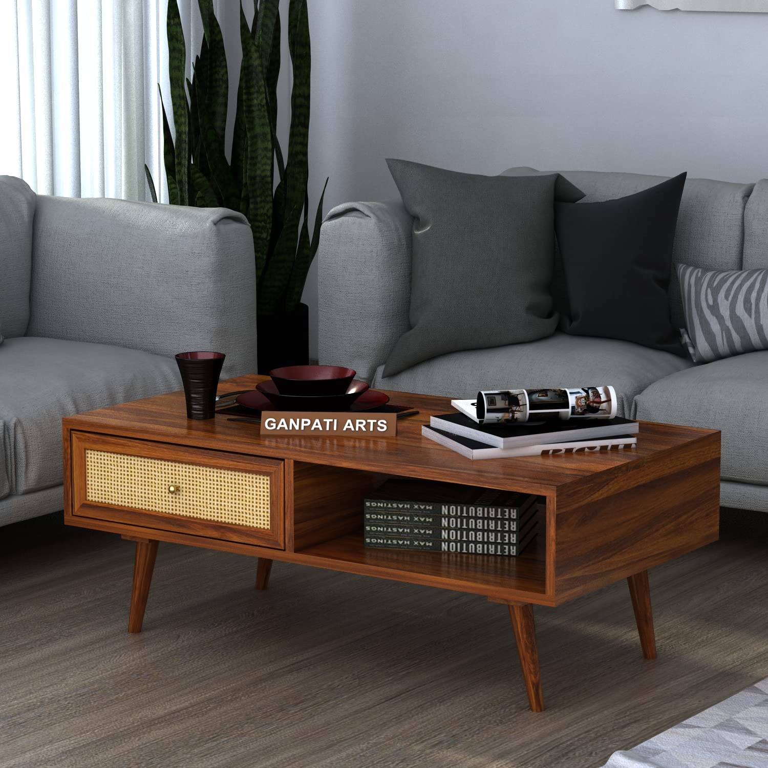 Ganpati Arts Solid Sheesham Wood Centre Coffee Table with Drawer and Shelf Storage for Living Room Wooden Teapoy for Home (Natural Finish) 1 Year Warranty