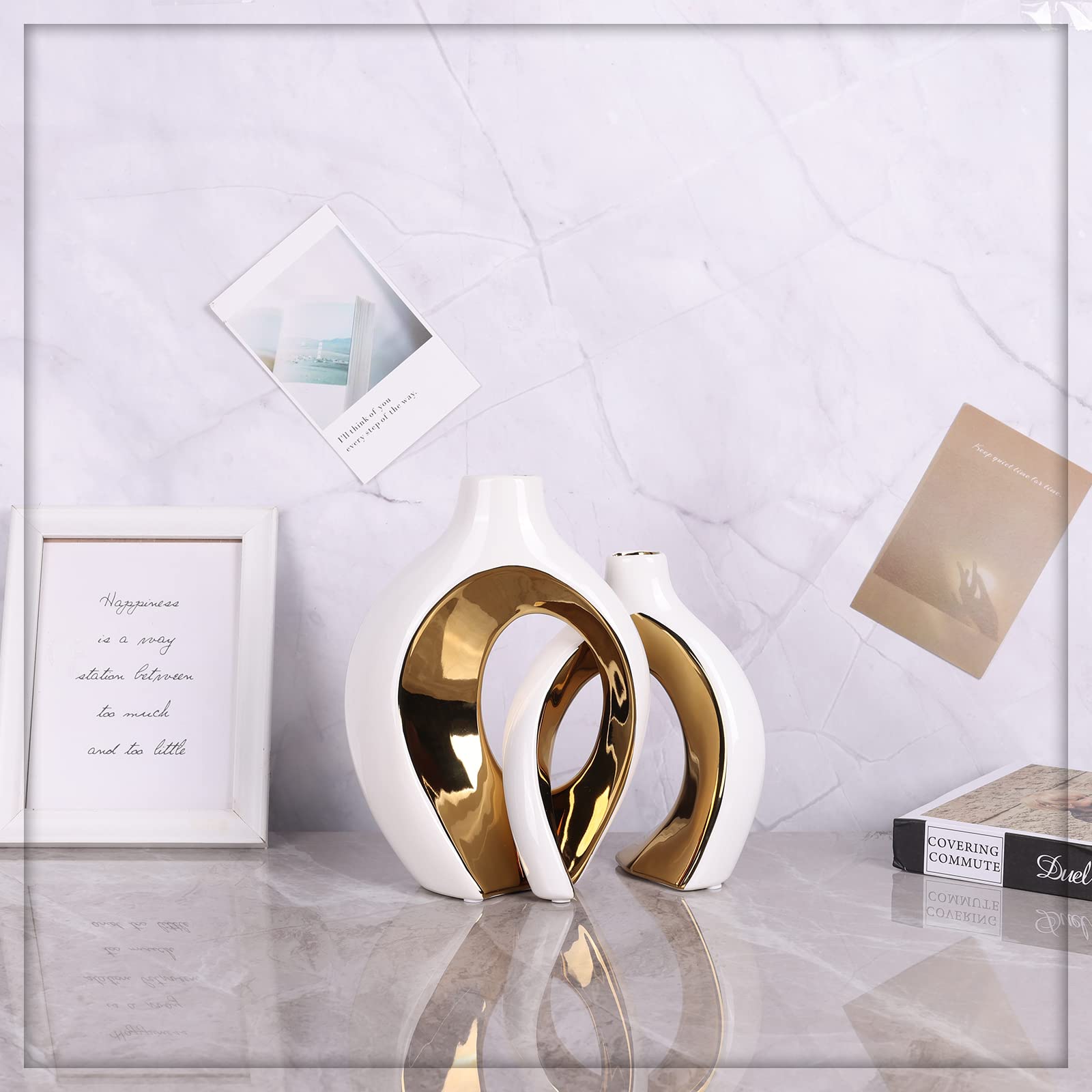 keramische Vase Dekor 2pcs Set, moderne böhmische Dekoration, Weiß und Gold skandinavischen minimalistischen Stil Raumdekoration, geeignet für Tisch Centerpiece, Bücherregal, Home Decor(W+G)